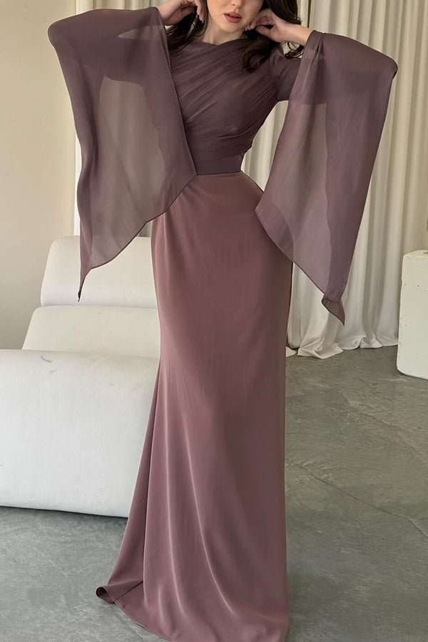 Liora Ruched Organza Satin Patchwork Long Bell Slit Maxi Dress - View 19