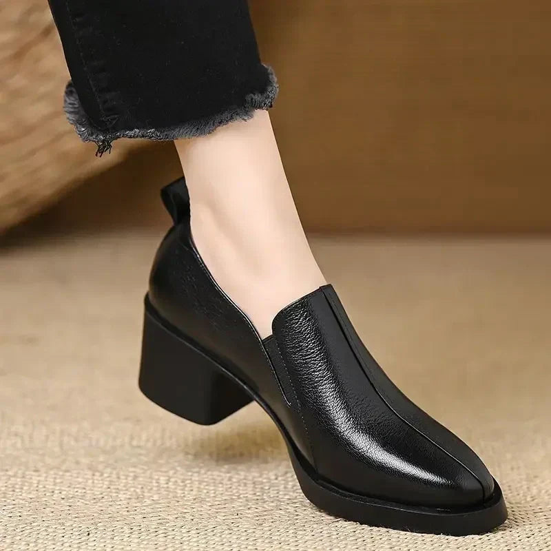 Pointed Toe Slip On Block Heel Loafer Pumps