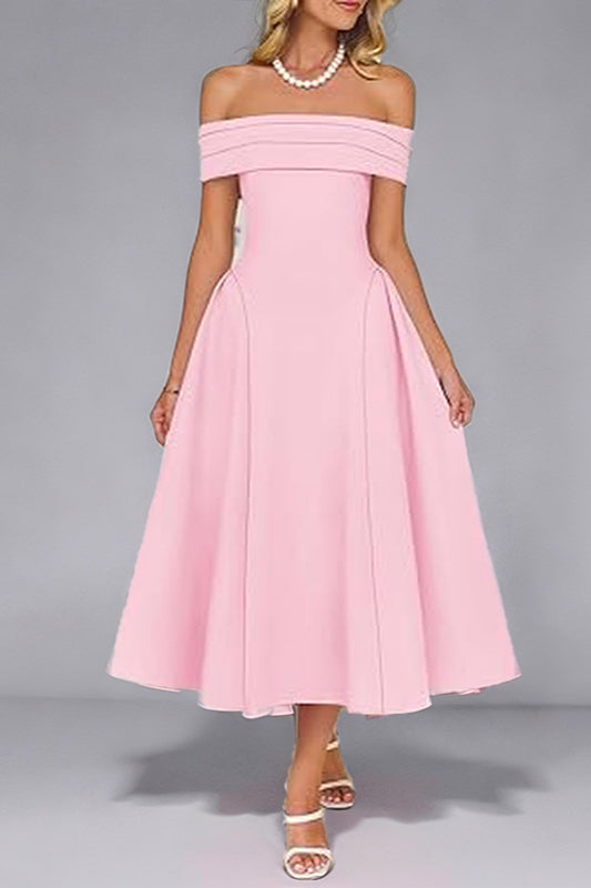 Off Shoulder Pleated Fit and Flare Midi Party Dress