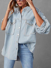 Button Down Raw Hem Denim Long Sleeve Top Jacket Misty Blue clothes denim shirt denim shirts long sleeve long sleeve shirt long sleeve shirts long sleeve top long sleeve tops Ship From Overseas Y.Y@Denim