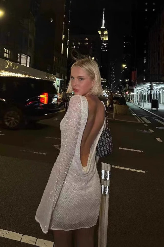 Sequin Long Sleeve Cowl Back Backless Mini Dress 3