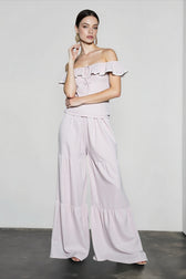 Ruffle Off Shoulder Top Pants Vacation Set