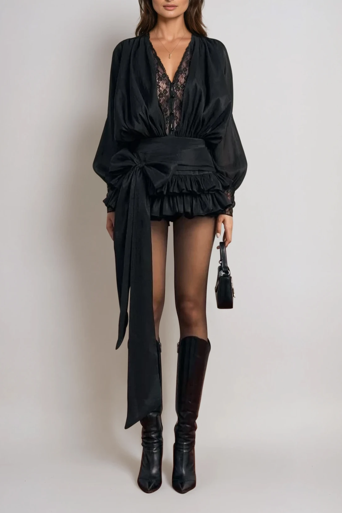 Lace Trim Deep V-Neck Balloon Sleeve Bow Waist Tiered Ruffle Mini Dress