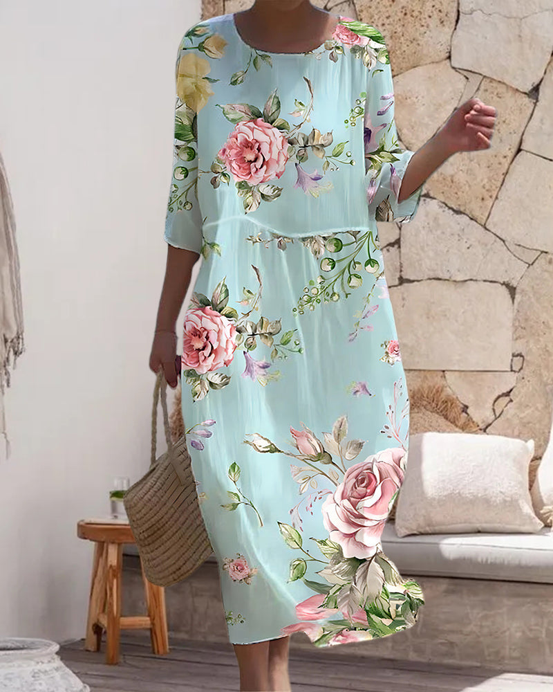 Large Floral Print Round Neck Half Sleeve Shift Midi Dress