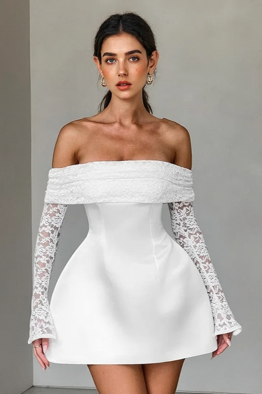 Lace Off Shoulder Long Sleeve A Line Party Dress