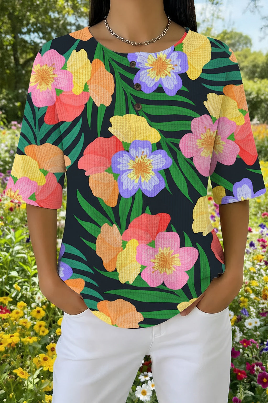 Womens Green Bold Floral Print Casual Shirt