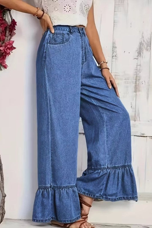 High Waist Ruffle Hem Wide Leg Loose Denim Jeans 2