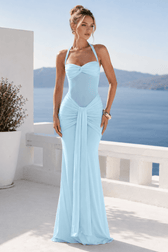 Ruched Halter Drape Tie Curve Long Slip Dress