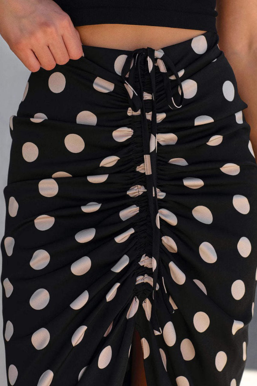 Polka Dot Ruched Drawstring Front Slit Midi Skirt 5