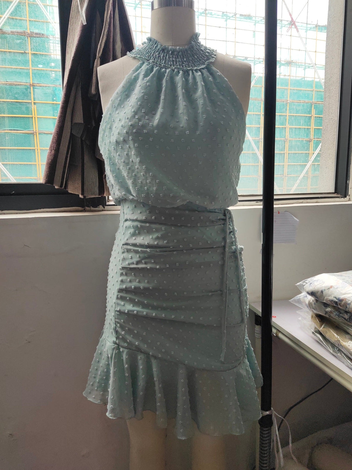 Swiss Dot Chiffon Smocked Halter Neck Drawstring Ruched Ruffle Hem Mini Dress 6