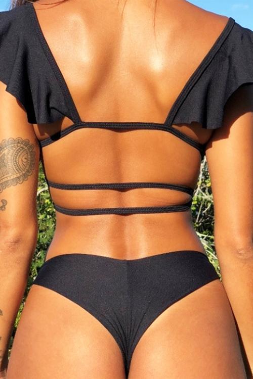 Print Ruffles Cross Bikini Set