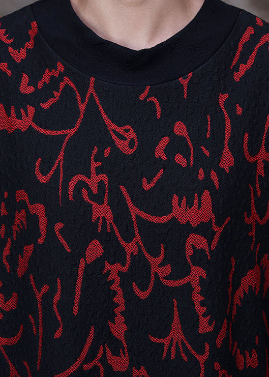 Abstract Calligraphy Print Mock Neck Long Sleeve Crinkled Texture Oversized Maxi Dress