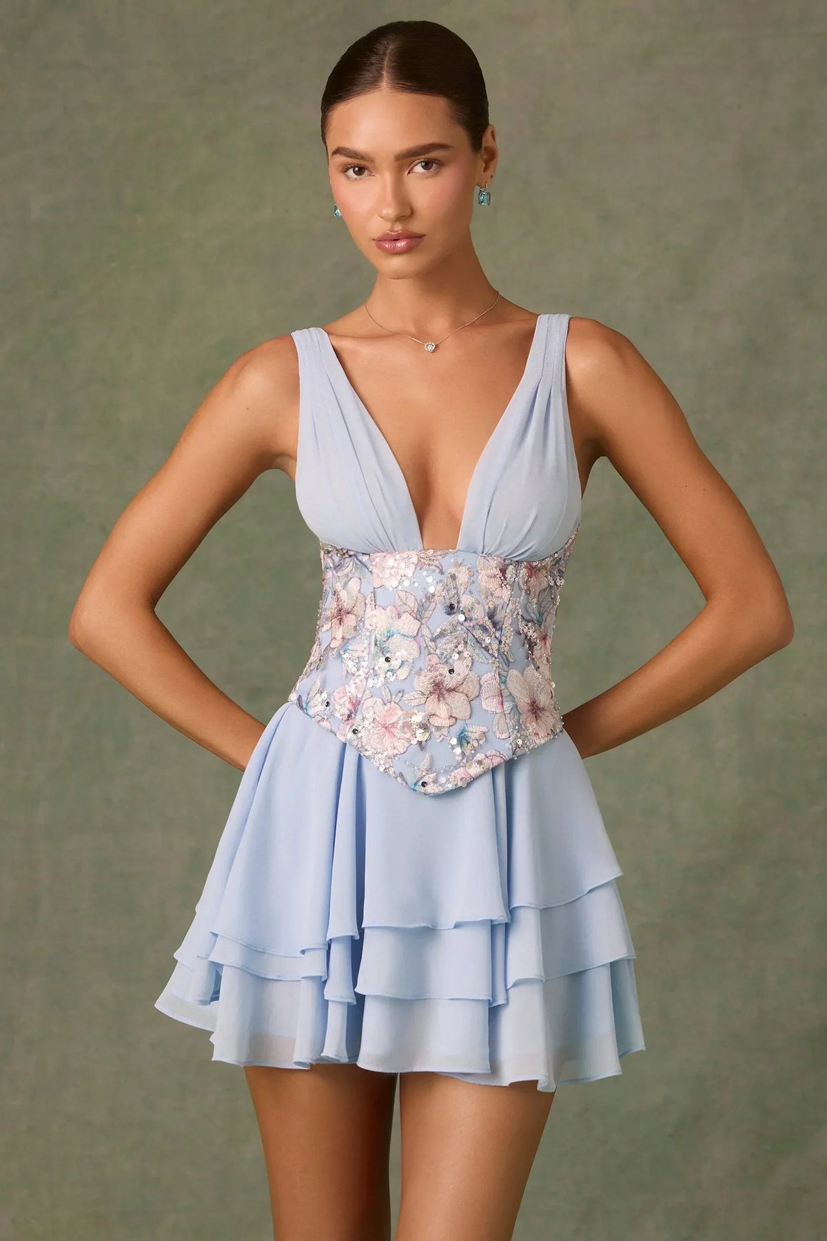 Floral Embroidered Corset Waist Deep V-Neck Tiered Ruffle Mini Dress 8