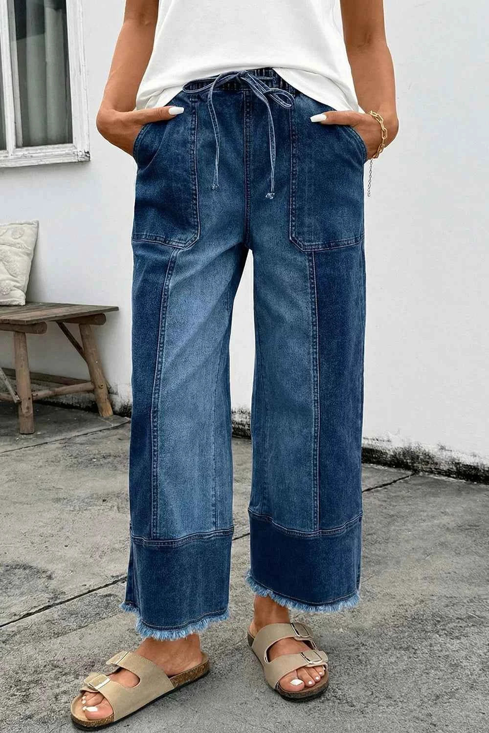 Drawstring Seam Detail Raw Hem Wide Leg Denim Pants
