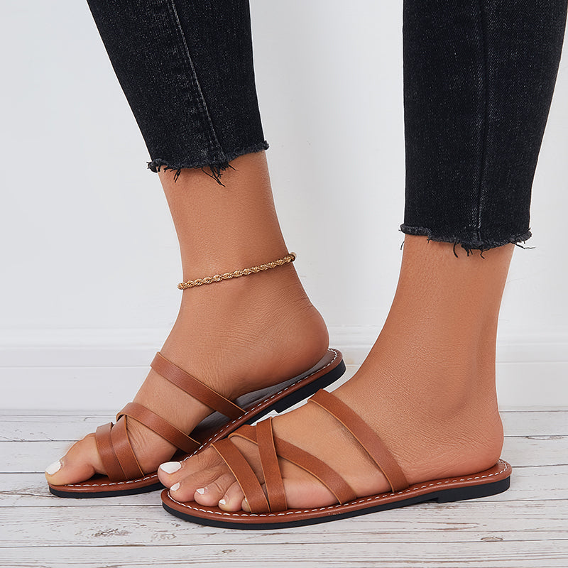 Open Toe Wide Slide Sandals Flat Beach Slippers