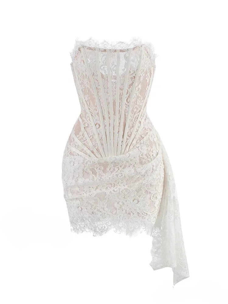 Lace Strapless Corset Boned Bodice Side Drape Mini Dress 12