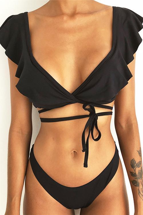 Print Ruffles Cross Bikini Set