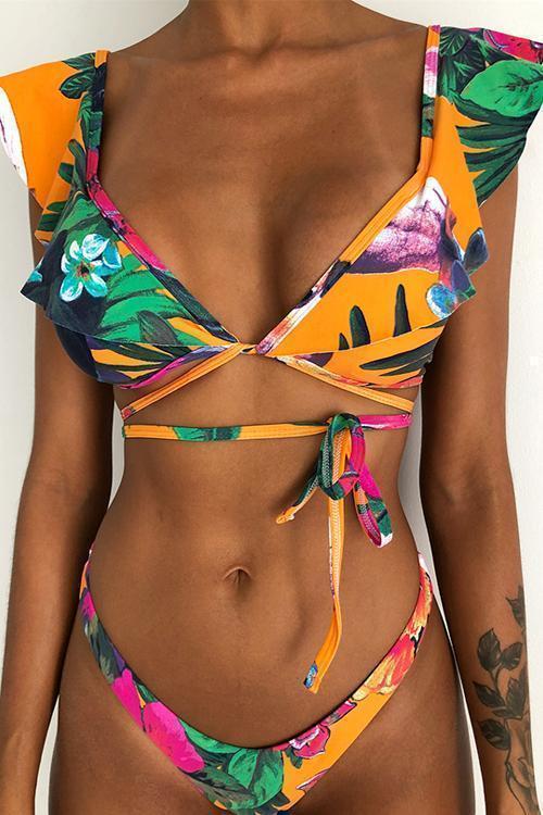 Print Ruffles Cross Bikini Set