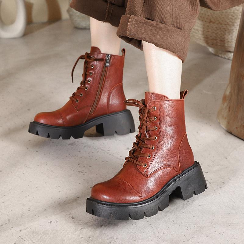 Genuine Leather Boots Lace-Up Combat Boots Retro Chunky Ankle Boots