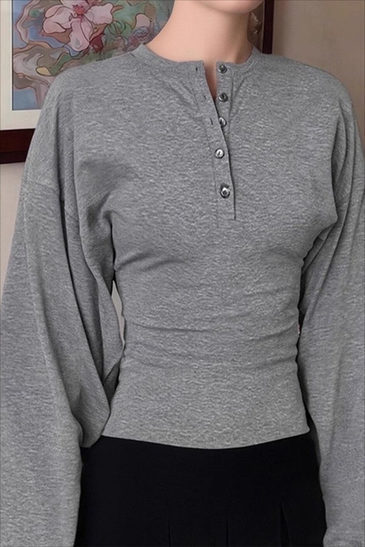 Vintage Gray Henley Dolman Long Sleeve Top