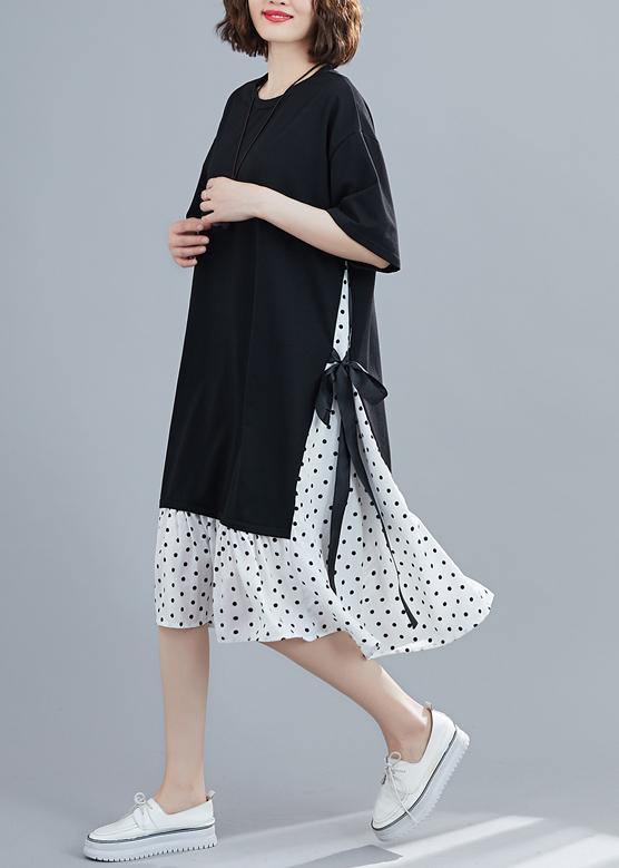 Polka Dot Panel Crew Neck Short Sleeve Side Tie Ruffle Hem Midi Dress