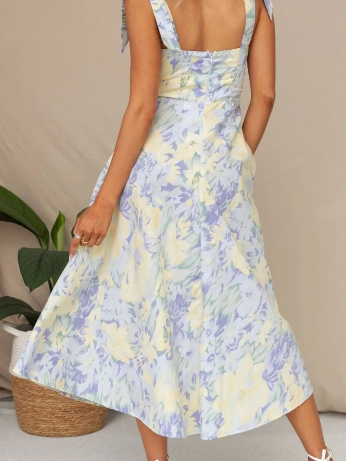 Floral Print Tie Shoulder Sweetheart A-Line Midi Dress 3