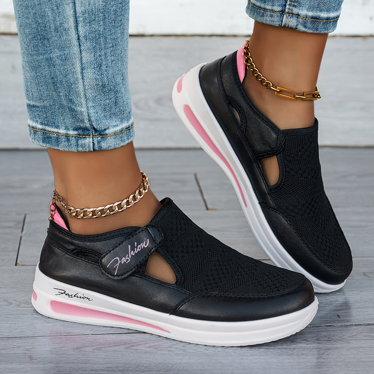 Mesh Cutout Hook and Loop Strap Air Cushion Sneakers