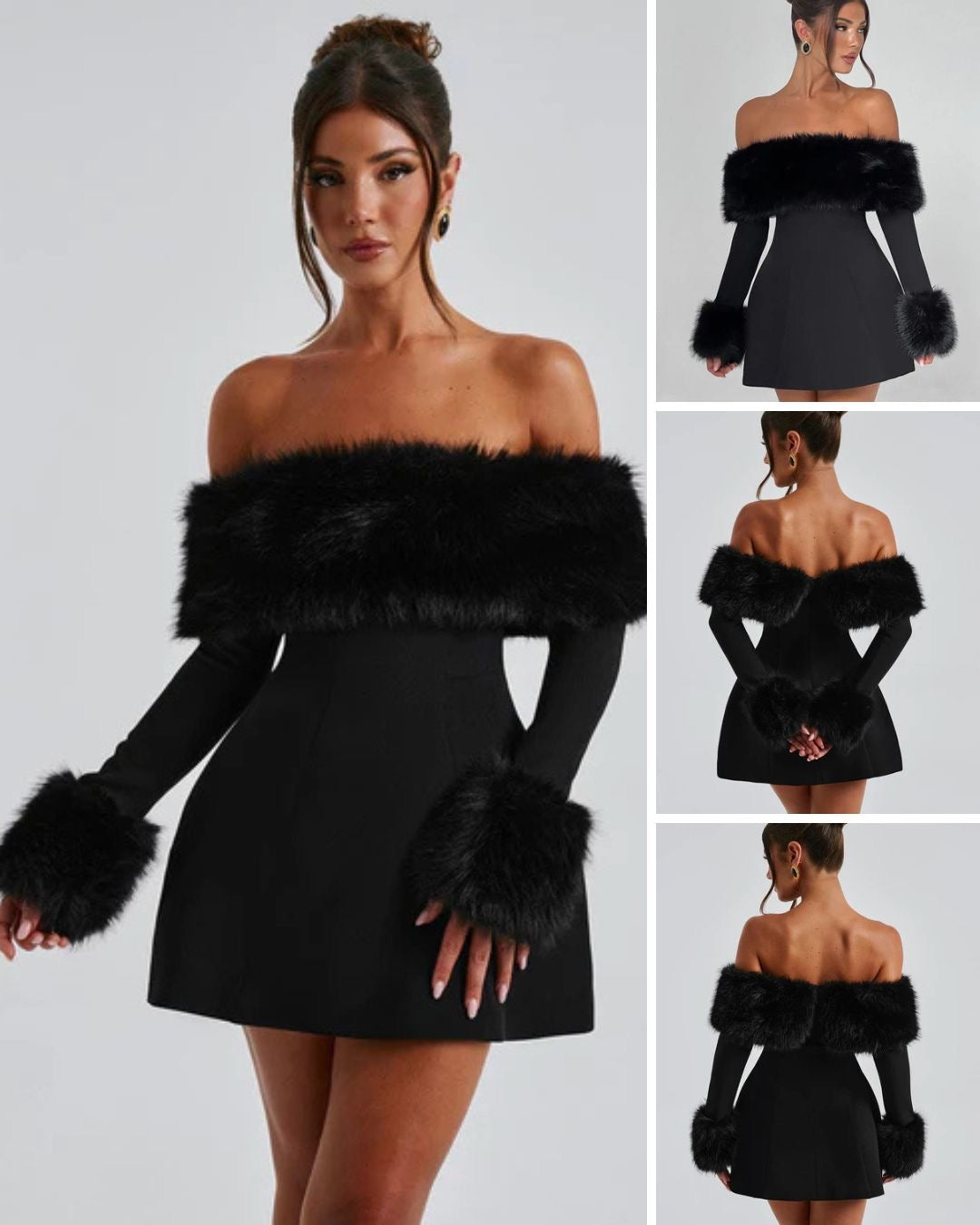 Faux Fur Trim Off Shoulder Long Sleeve Fit and Flare Mini Dress