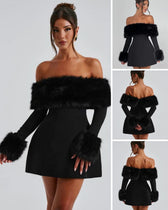 Faux Fur Trim Off Shoulder Long Sleeve Fit and Flare Mini Dress