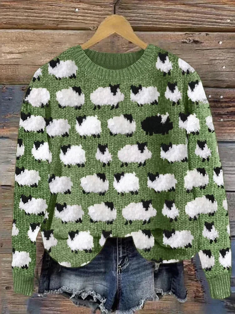 Crew Neck Christmas Tree Pattern Knit Sweater