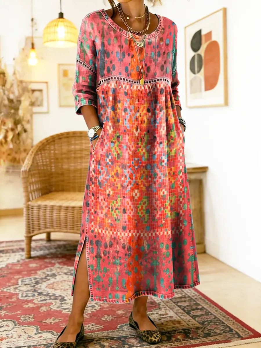 Printed Long Sleeve Round Neck Pocket High Split Maxi Dress