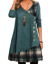 Plaid Patchwork V-Neck Long Sleeve Button Front Tunic Dress 3