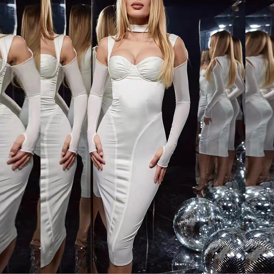 Bustier Sweetheart Mesh Panel Ribbed Knit Choker Neck Glove Sleeve Bodycon Midi Dress 4
