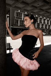 Elegant Velvet Paneled Strapless Puff Mini Dress 3