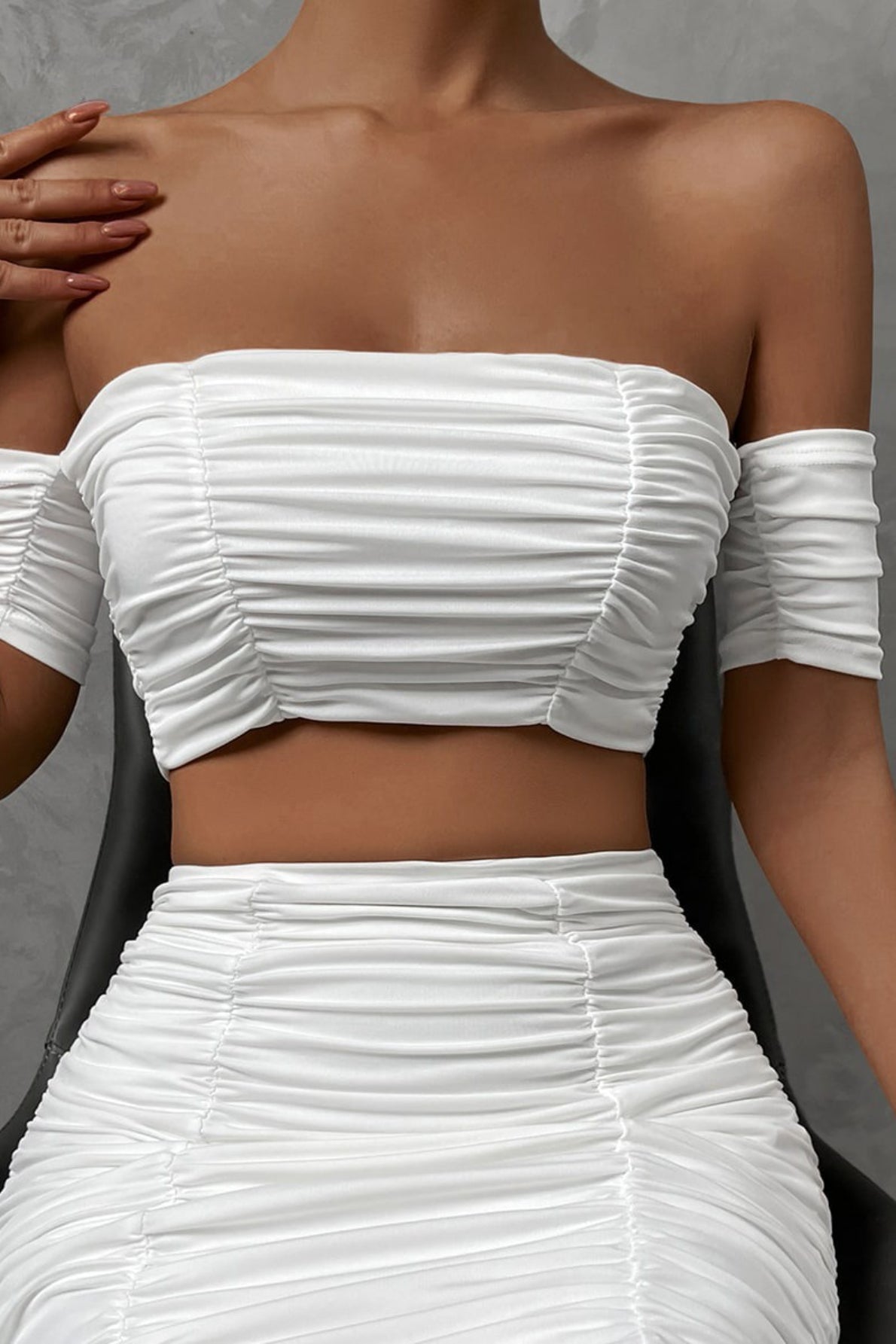 Off Shoulder Ruched Crop Top and High Waist Skirt Two Piece Set