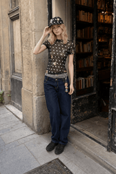 Sheer Polka Dot Mesh Crew Neck Long Sleeve Crop Top