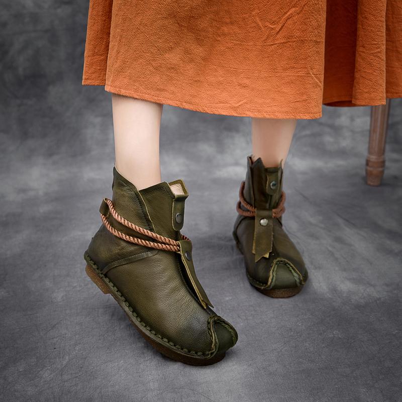 National Style Leather Short Boots For Women Rope Decoration Green/Brown