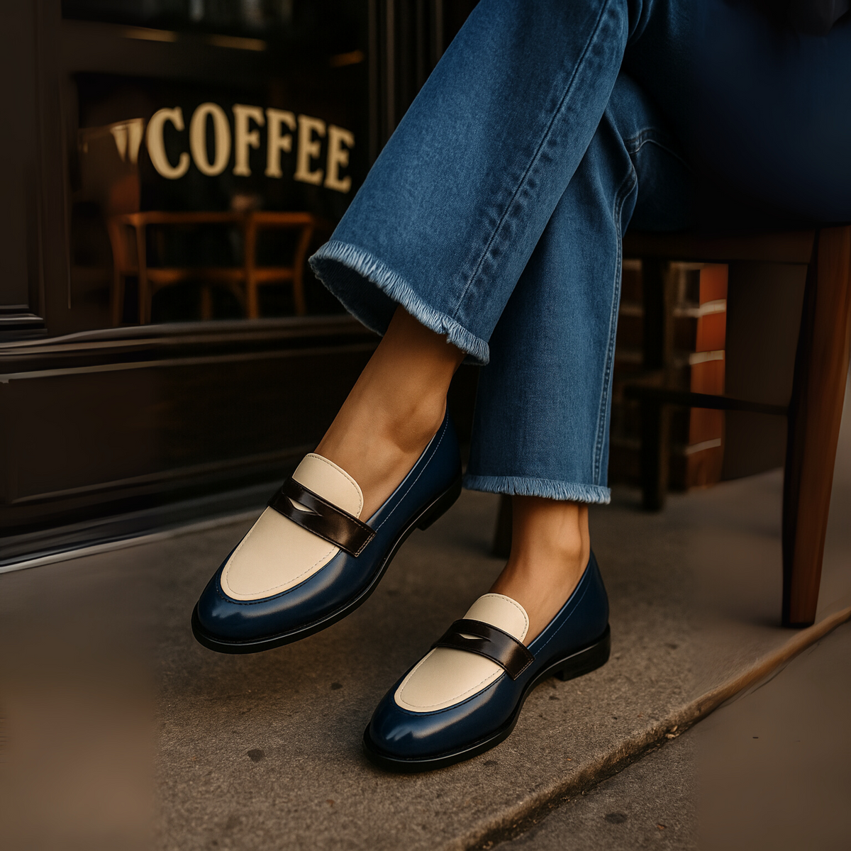 Two Tone Patent Penny Strap Round Toe Loafers