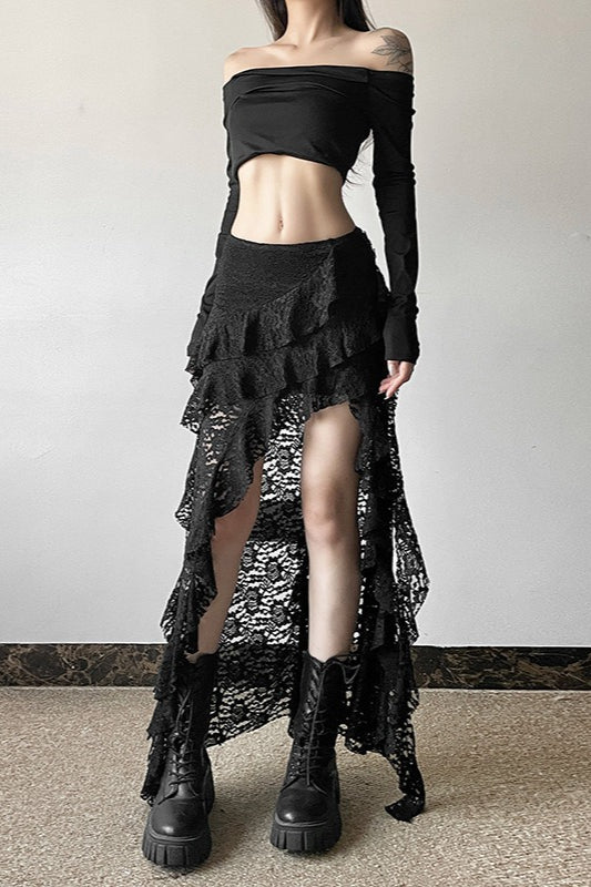 Lace Tiered Ruffle High Split Asymmetric Maxi Skirt 3