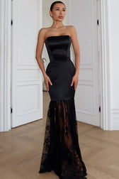Strapless Lace Panel Backless Tie Maxi Lace Dress
