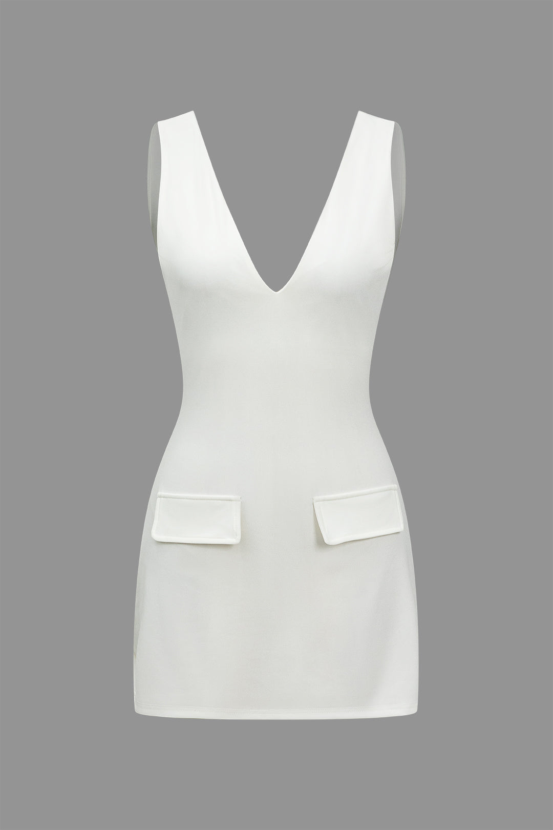 Solid V neck Fake Pocket Mini Dress