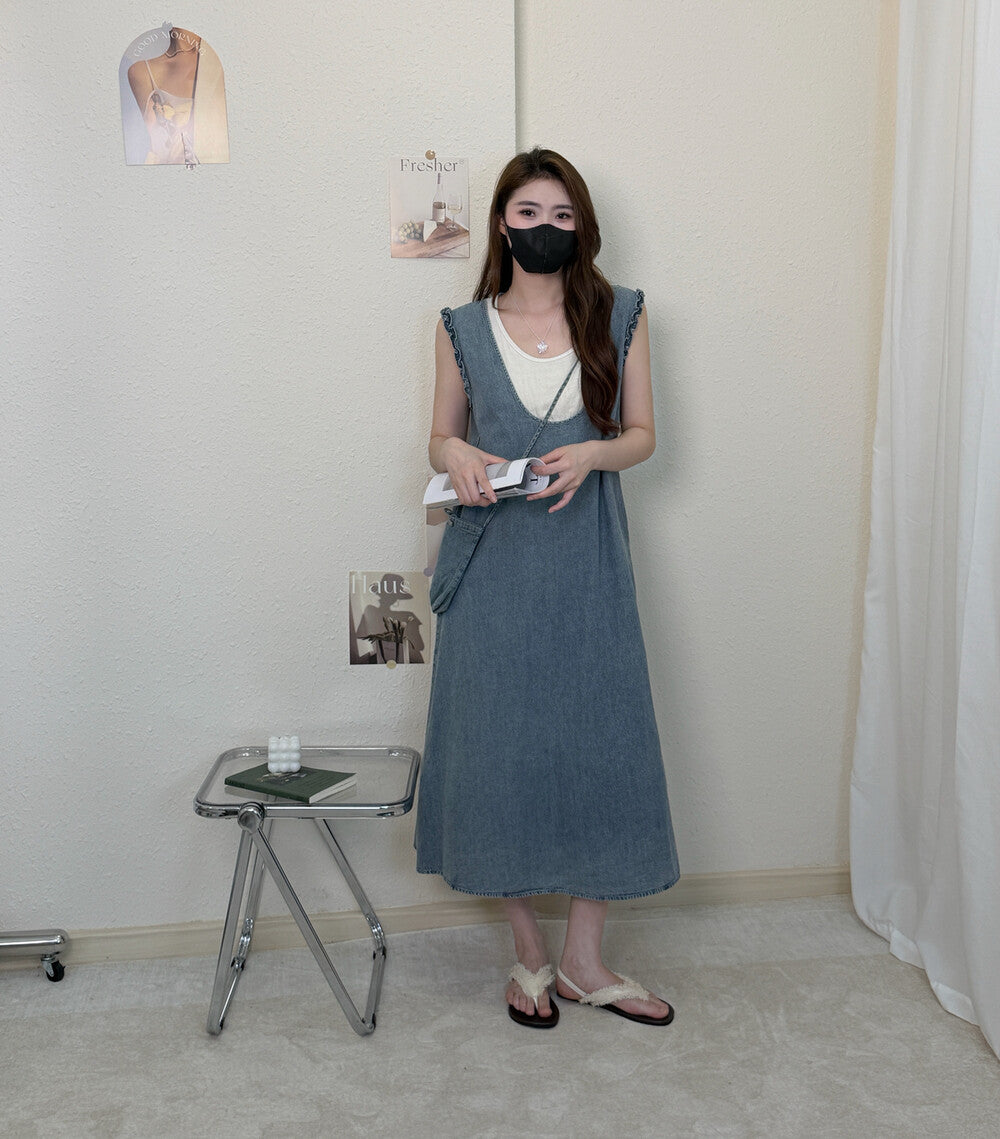 Faux Two Piece Denim Sleeveless Ruffle Trim A-Line Midi Dress 17