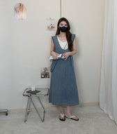 Faux Two Piece Denim Sleeveless Ruffle Trim A-Line Midi Dress 17