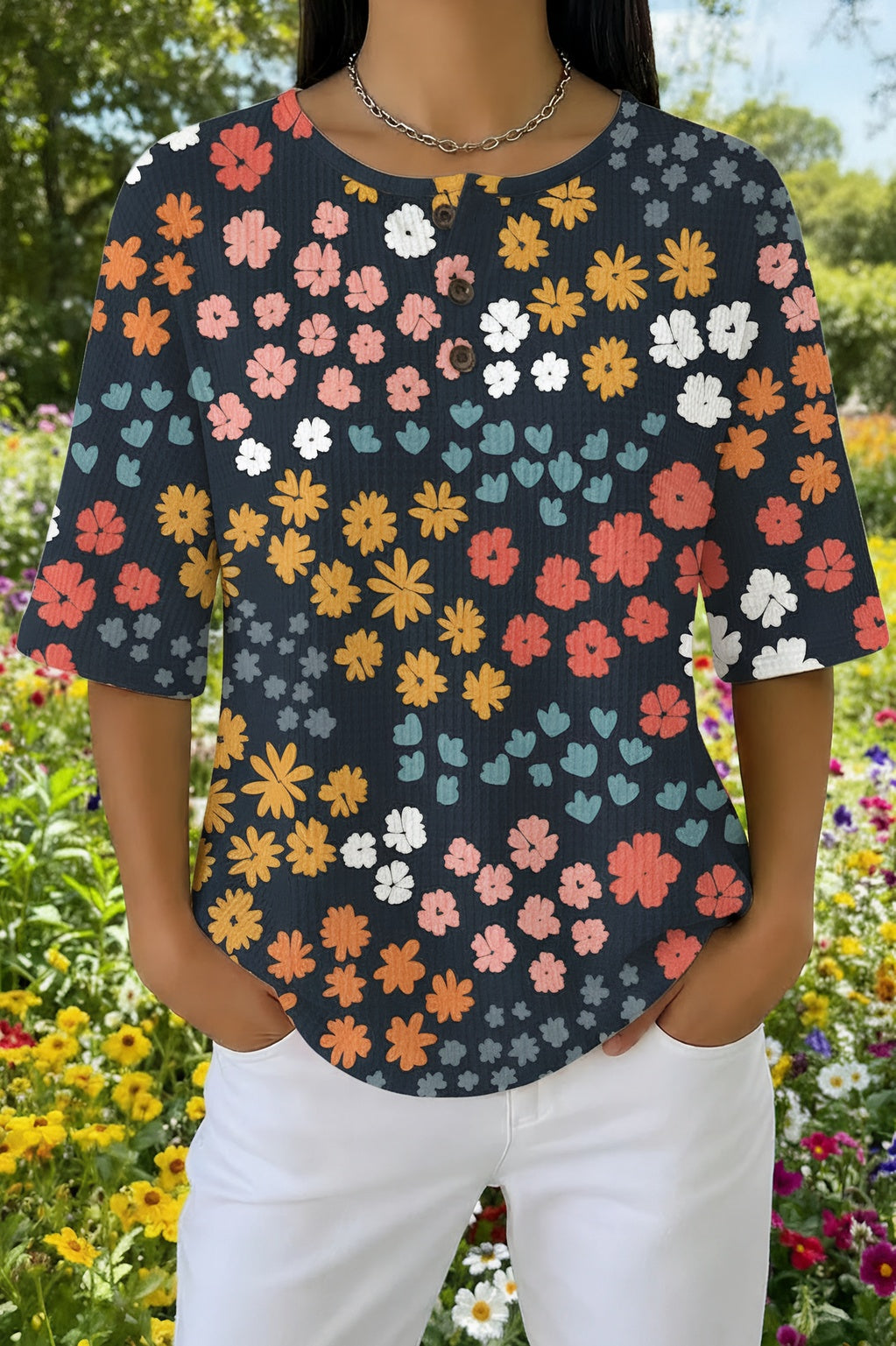 Womens Dark Blue Floral Print Casual Shirt