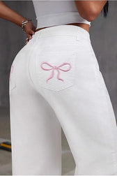 Y2K Bow Embroidered High Waist Straight Loose Jeans