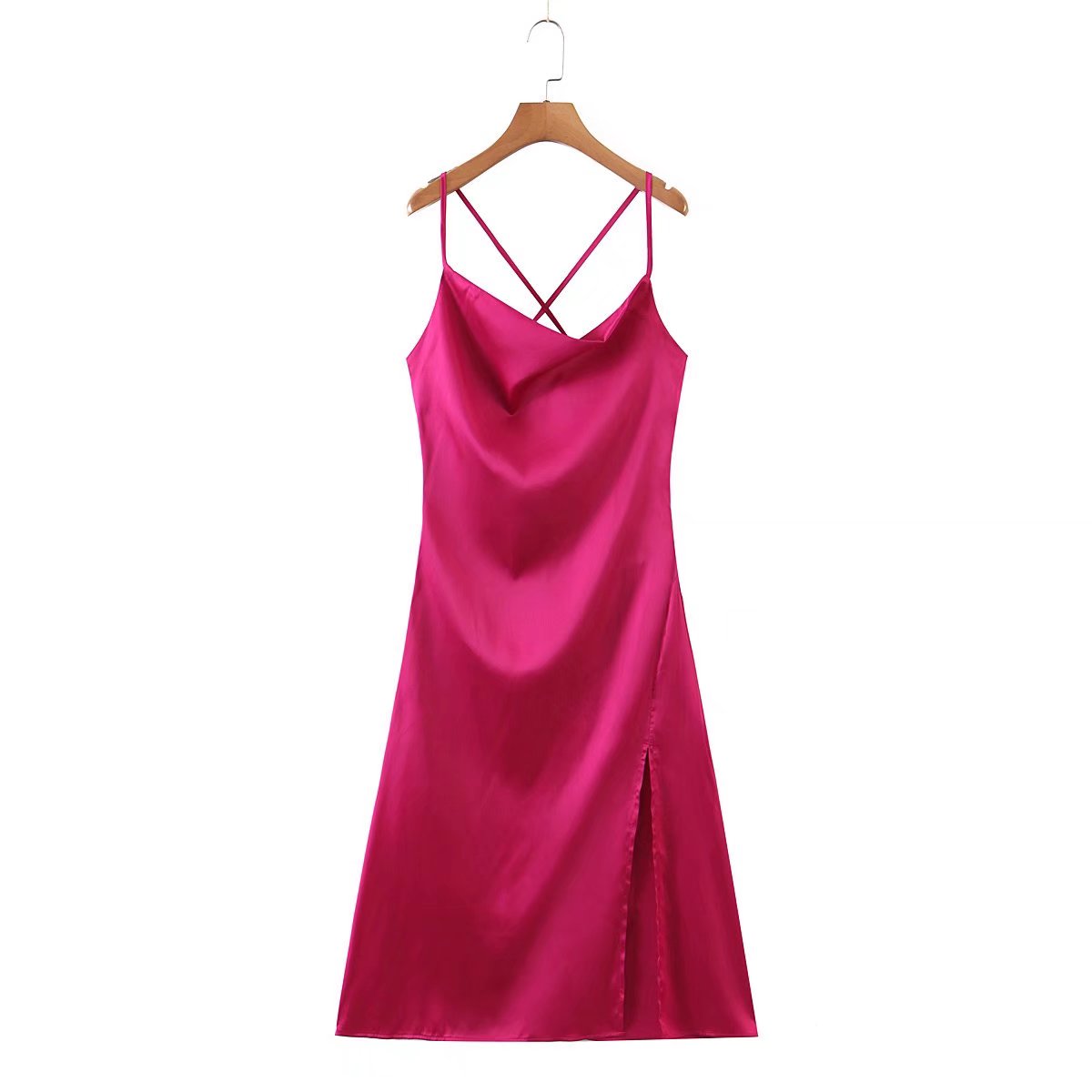 Satin Cowl Neck Cross Back Spaghetti Strap Side Split Midi Slip Dress