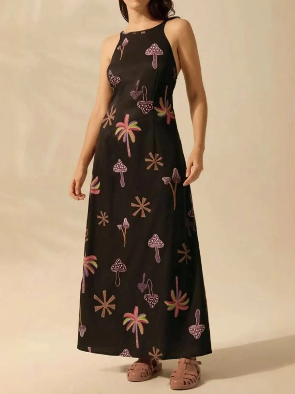 Palm Leaf Print Halter Neck Sleeveless A-Line Maxi Dress 8