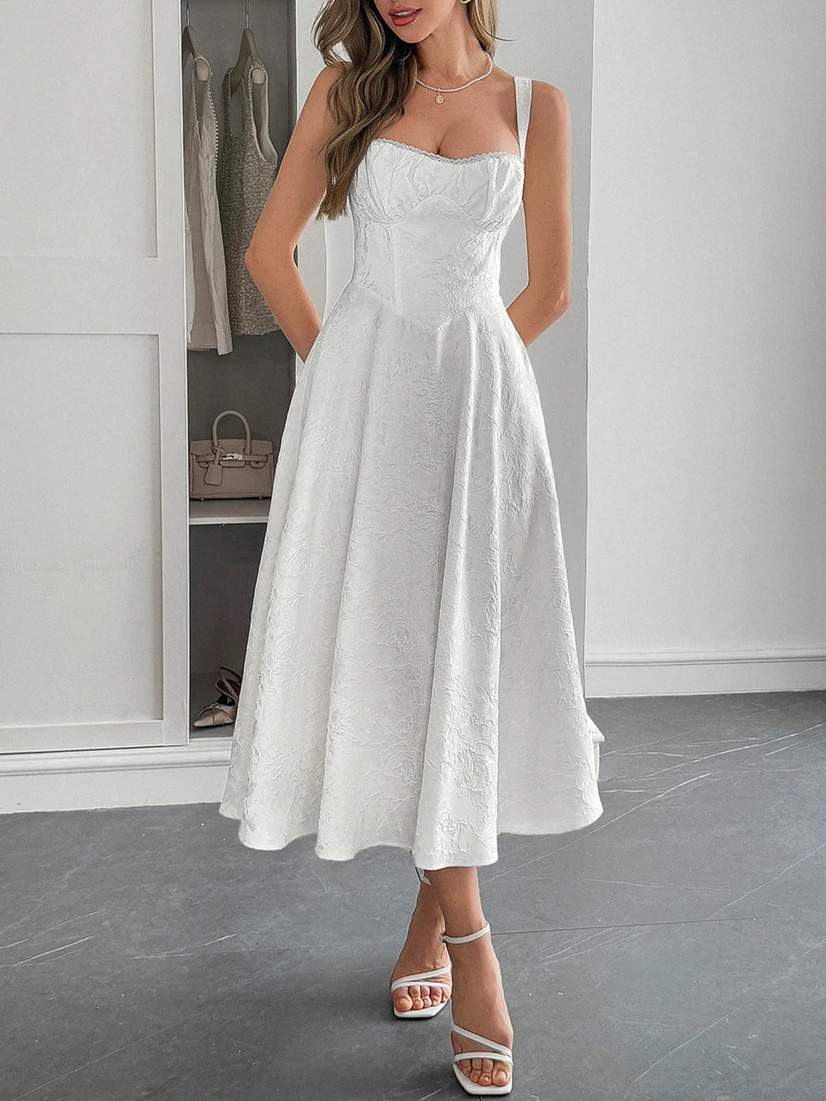 Floral Jacquard Sweetheart Corset Bodice A-Line Midi Dress 2