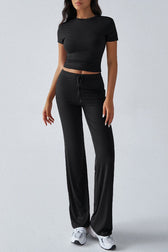 Essential Solid Color Crewneck Top Wide Leg Pants Set