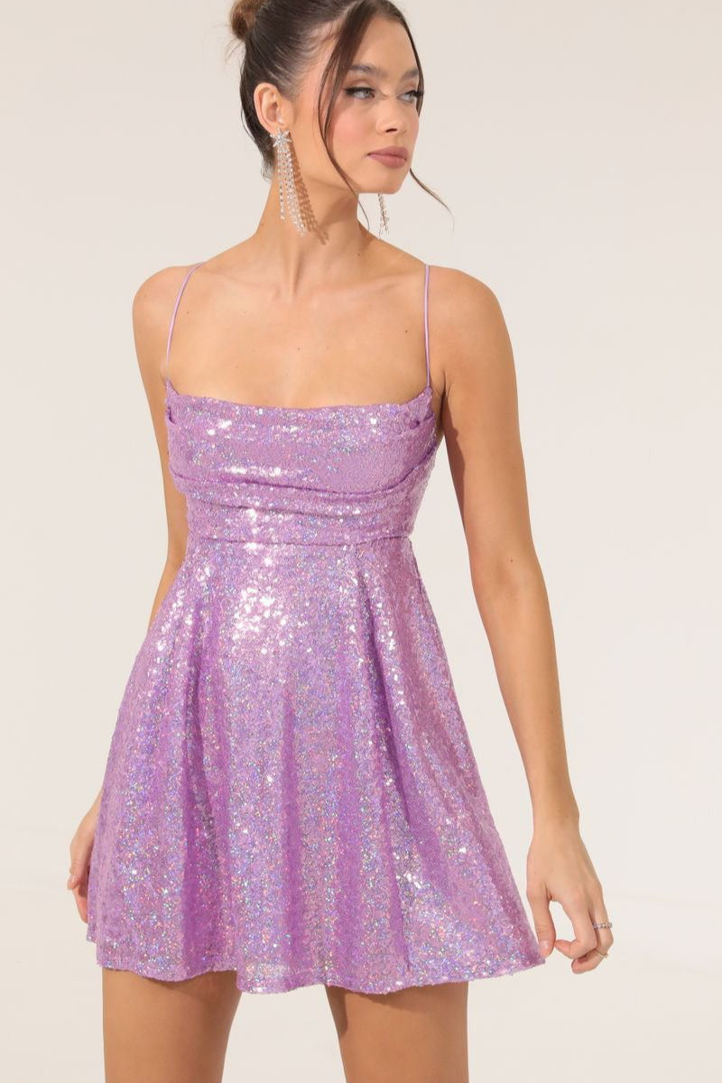 Sequin Cowl Neck Spaghetti Strap Fit and Flare Mini Dress